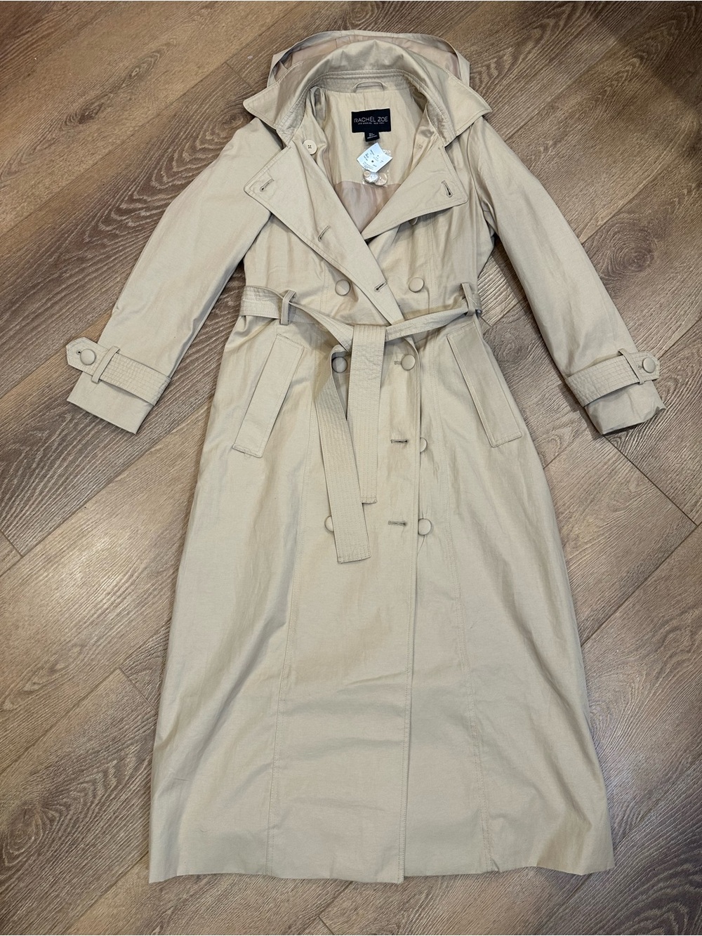 Rachel Zoe Beige Long Hooded Trench Coat with Belt